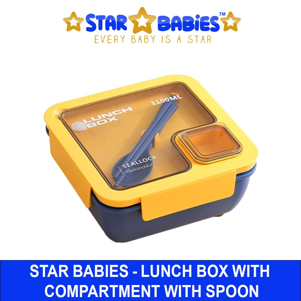 Star Babies - Lunch Box With 2 Compartments, Spoon And Fork - Yellow/Blue - 1100ml