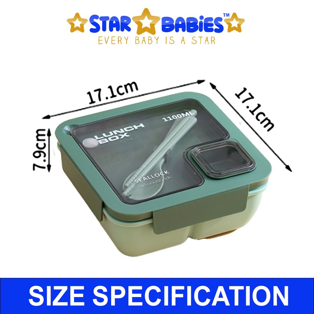 Star Babies - Lunch Box With 2 Compartments, Spoon And Fork - Green - 1100ml