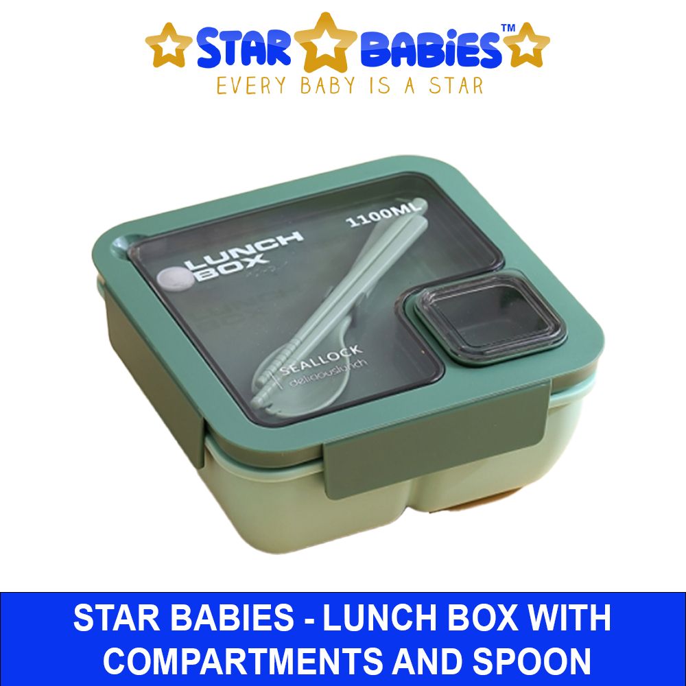 Star Babies - Lunch Box With 2 Compartments, Spoon And Fork - Green - 1100ml