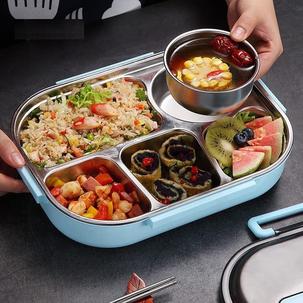 Star Babies - 4 Compartments Bento Box With Stainless Steel Soup Bowl & Spoon - Blue