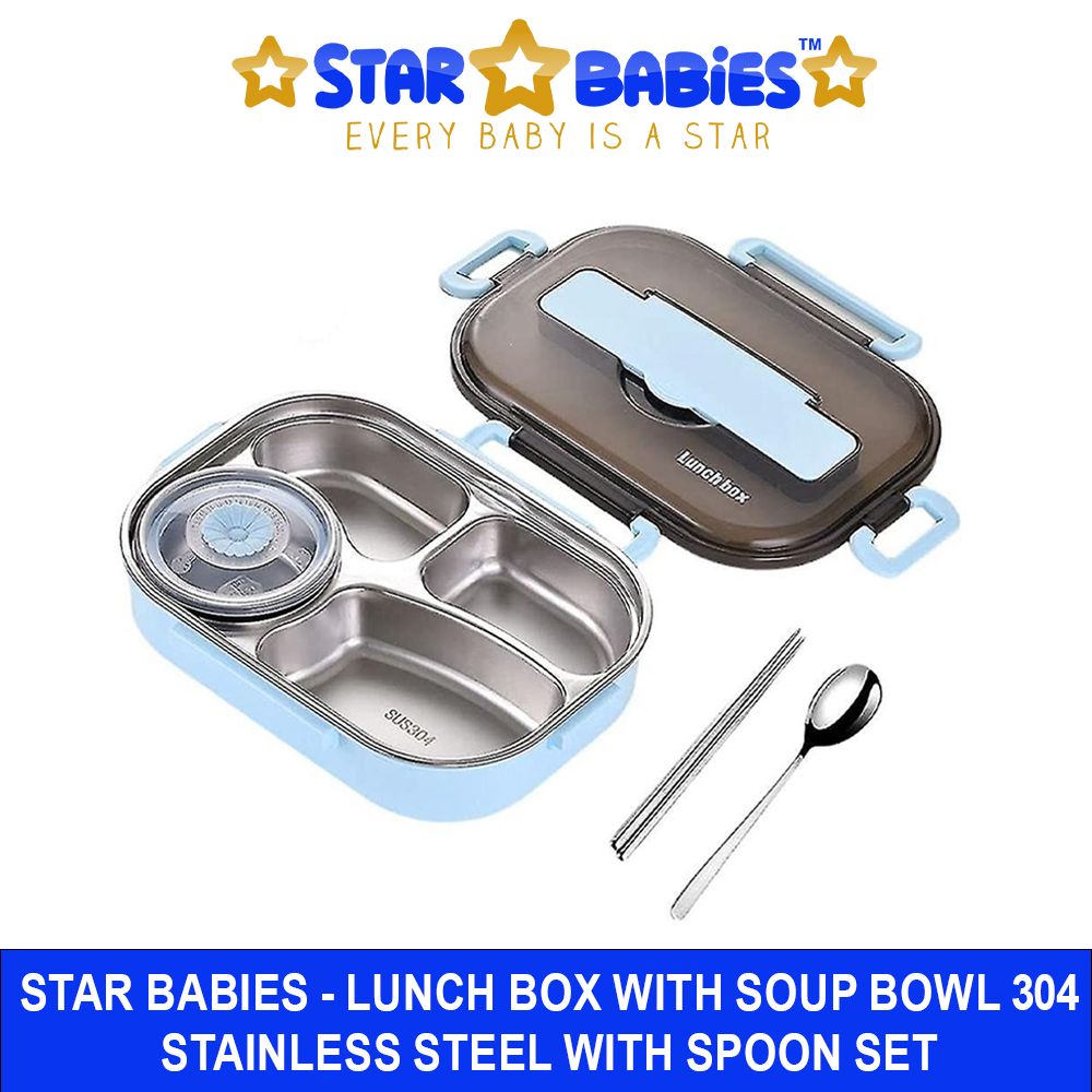 Star Babies - 4 Compartments Bento Box With Stainless Steel Soup Bowl & Spoon - Blue