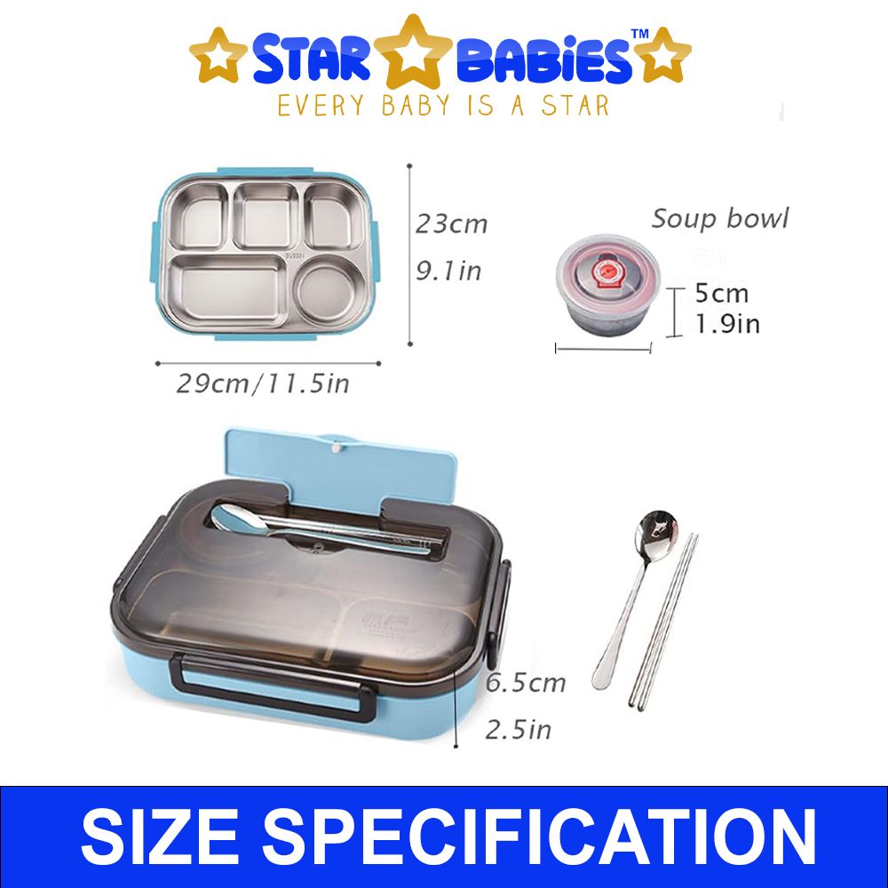 Star Babies - 4 Compartments Bento Box With Stainless Steel Soup Bowl & Spoon - Blue