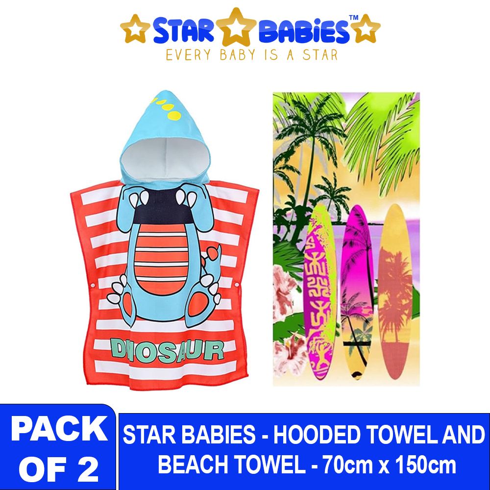 Star Babies - Beach Towel With Dinosaur Printed Hooded Towel