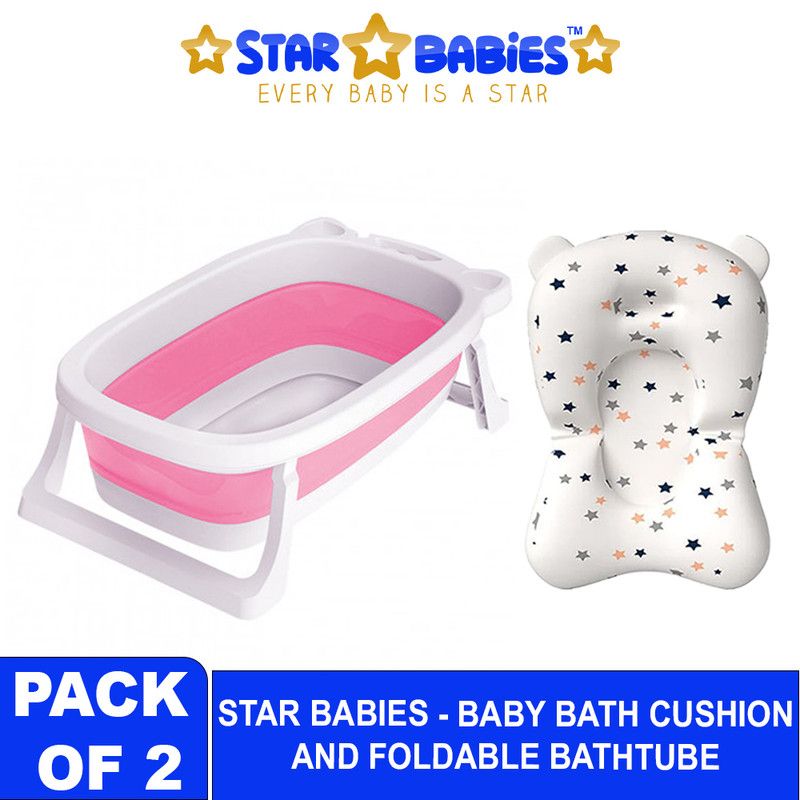 Star Babies - Foldable Bathtub With Bath Cushion - Pink - 2 Pcs