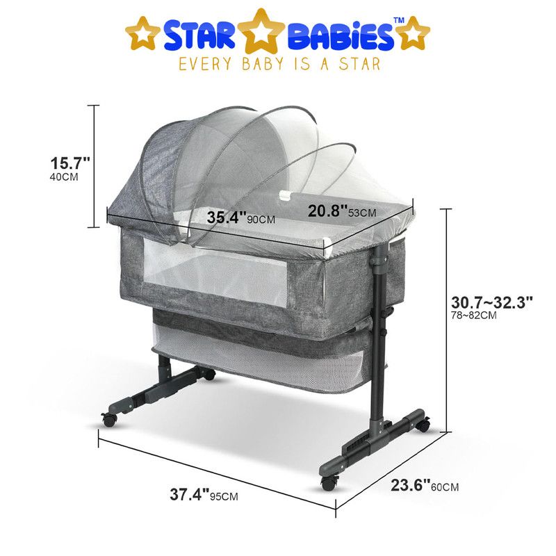 Star Babies - Adjustable Bedside Crib With Net & Storage Basket And Infant Bed With Mosquito Net - Grey