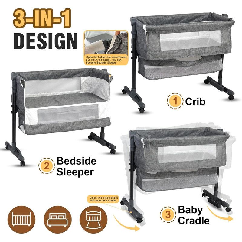 Star Babies - Adjustable Bedside Crib With Net & Storage Basket And Infant Bed With Mosquito Net - Grey