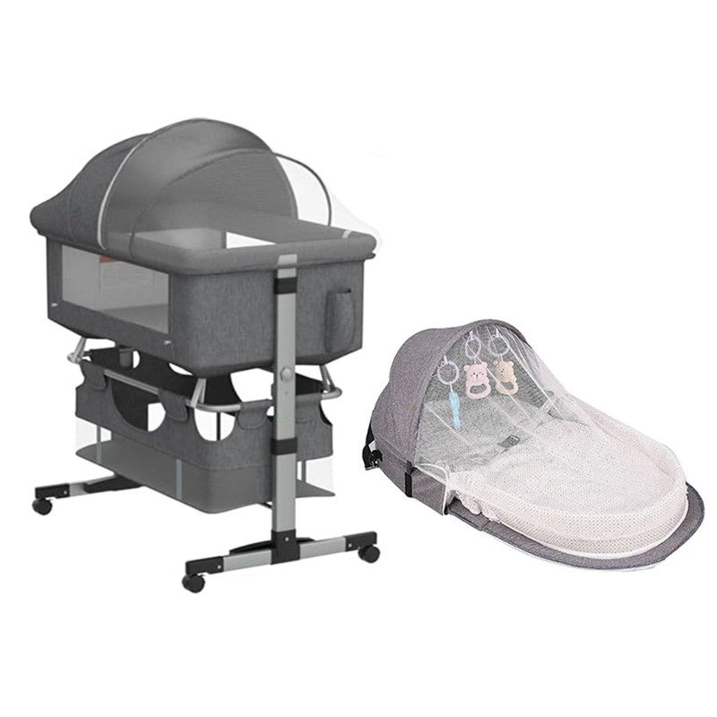 Star Babies - Adjustable Bedside Crib With Net & Storage Basket And Infant Bed With Mosquito Net - Grey