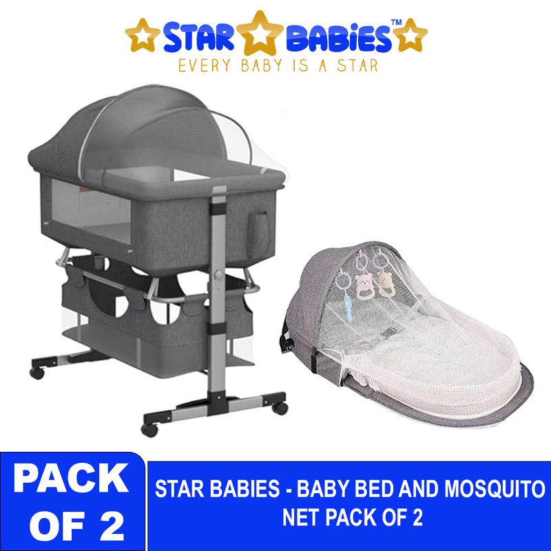 Star Babies - Adjustable Bedside Crib With Net & Storage Basket And Infant Bed With Mosquito Net - Grey