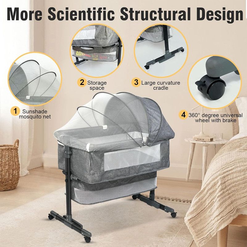 Star Babies - Adjustable Bedside Crib With Net & Storage Basket And Infant Bed With Mosquito Net - Grey