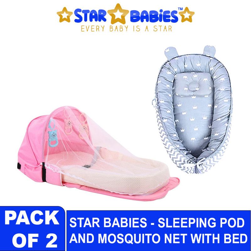 Star Babies - Baby Sleeping Pod & Bed With Baby Mosquito 2-Pc Set - Grey/Pink