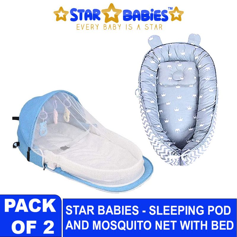 Star Babies - Baby Sleeping Pod & Bed With Baby Mosquito 2-Pc Set - Grey/Blue