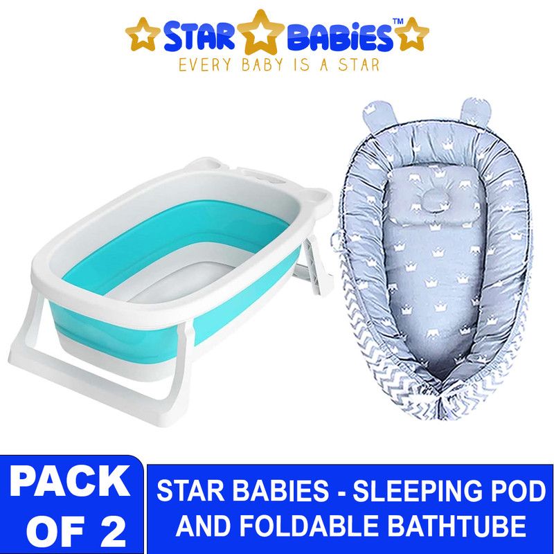 Star Babies - Baby Sleeping Pod With Foldable Bathtub - Grey/Green