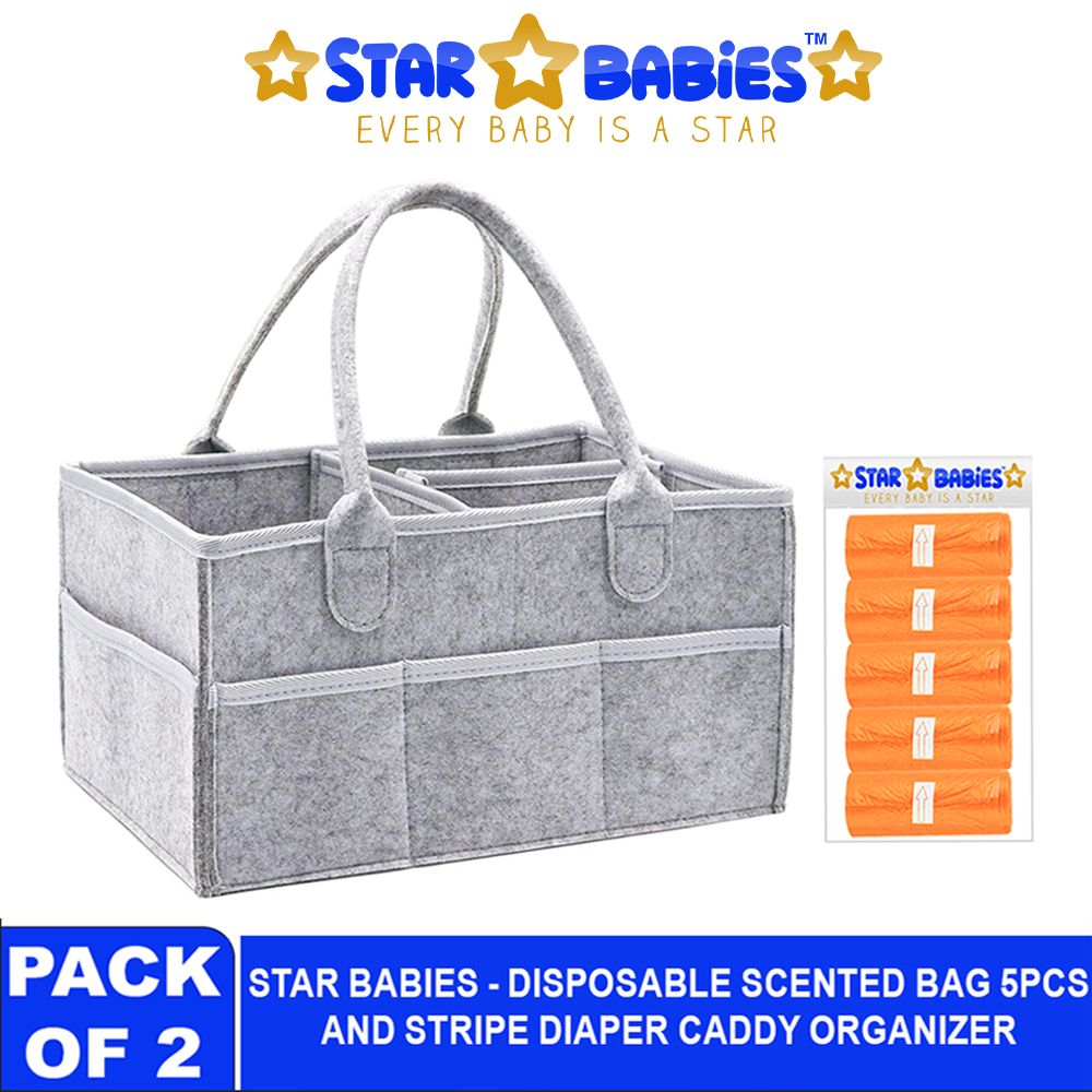 Star Babies - Baby Diaper Caddy & Scented Bag Roll Set - Grey/Orange - 6 Pcs