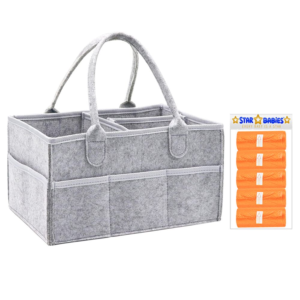 Star Babies - Baby Diaper Caddy & Scented Bag Roll Set - Grey/Orange - 6 Pcs