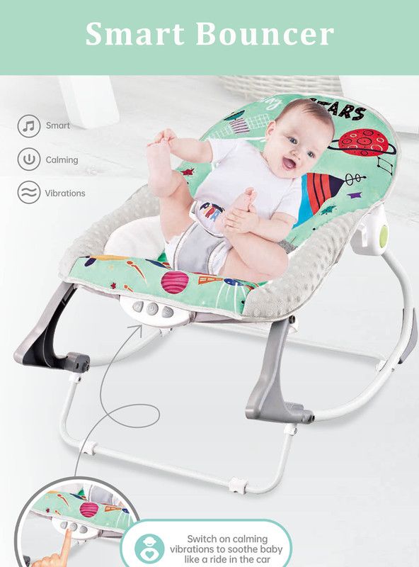 Factory Price - Printed Baby Rocker With Music & Toys - Space Green