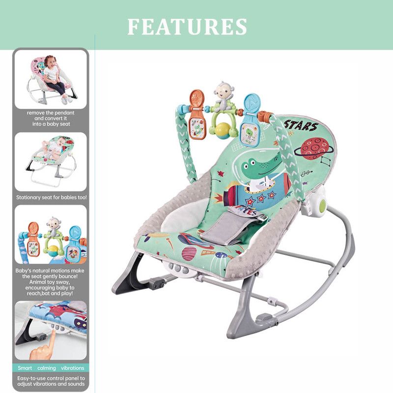 Factory Price - Printed Baby Rocker With Music & Toys - Space Green