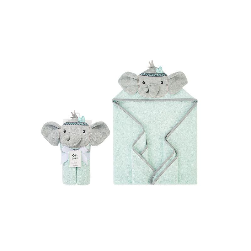 Factory Price - Animal Stuffed Newborn Hooded Towel Gift Set - Elephant - Green/Grey