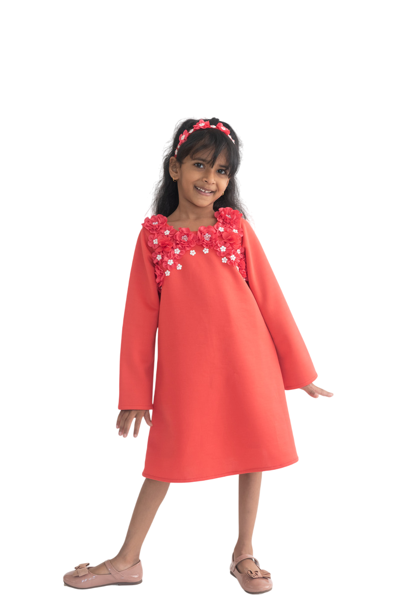 A Little Fable - Girl's Pearl Dress - Deep Coral