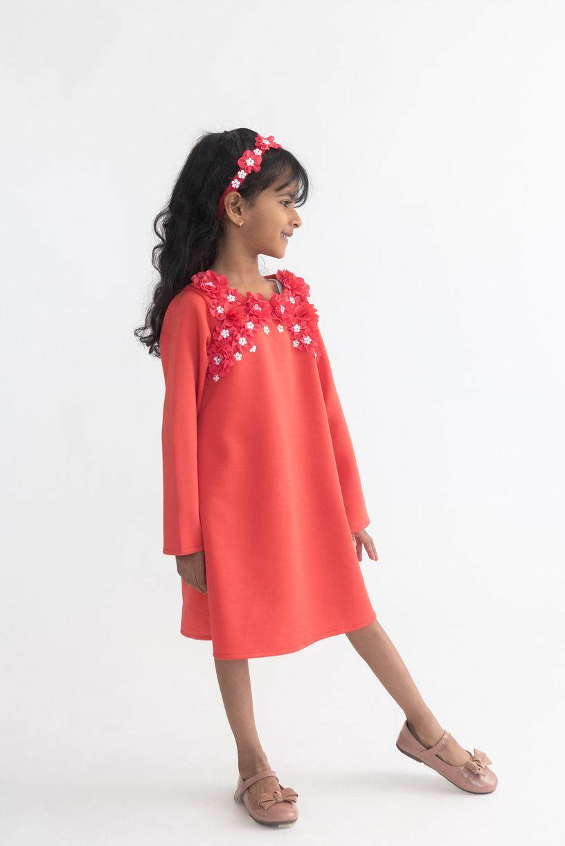 A Little Fable - Girl's Pearl Dress - Deep Coral