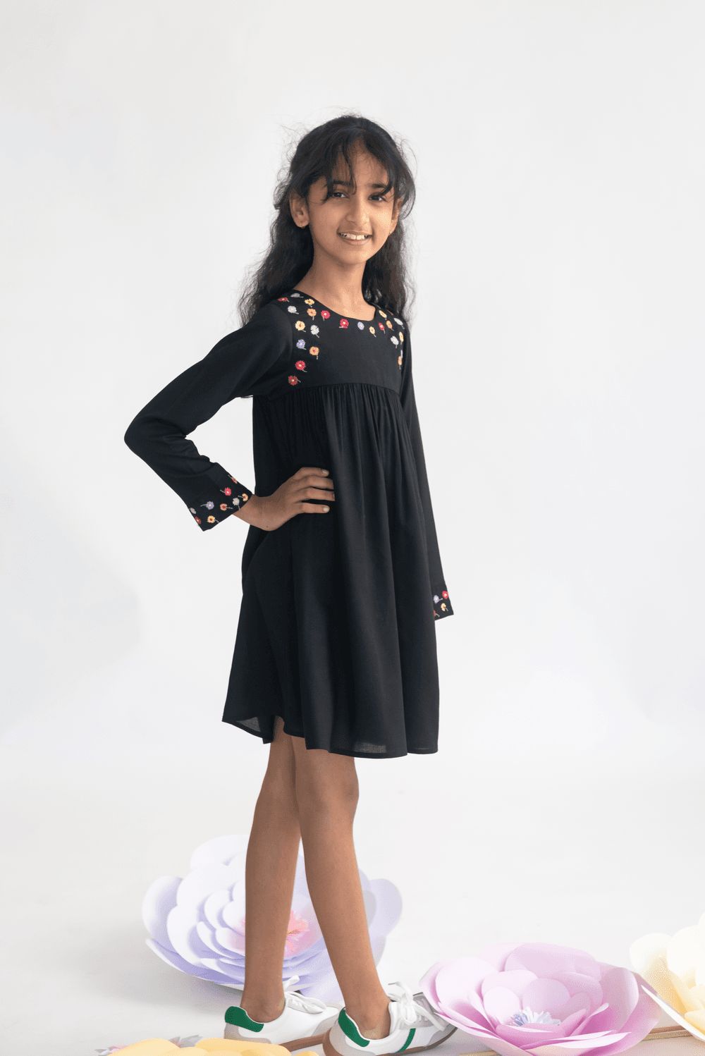 A Little Fable - Girl's Mini Ebony Fleur Dress - Black