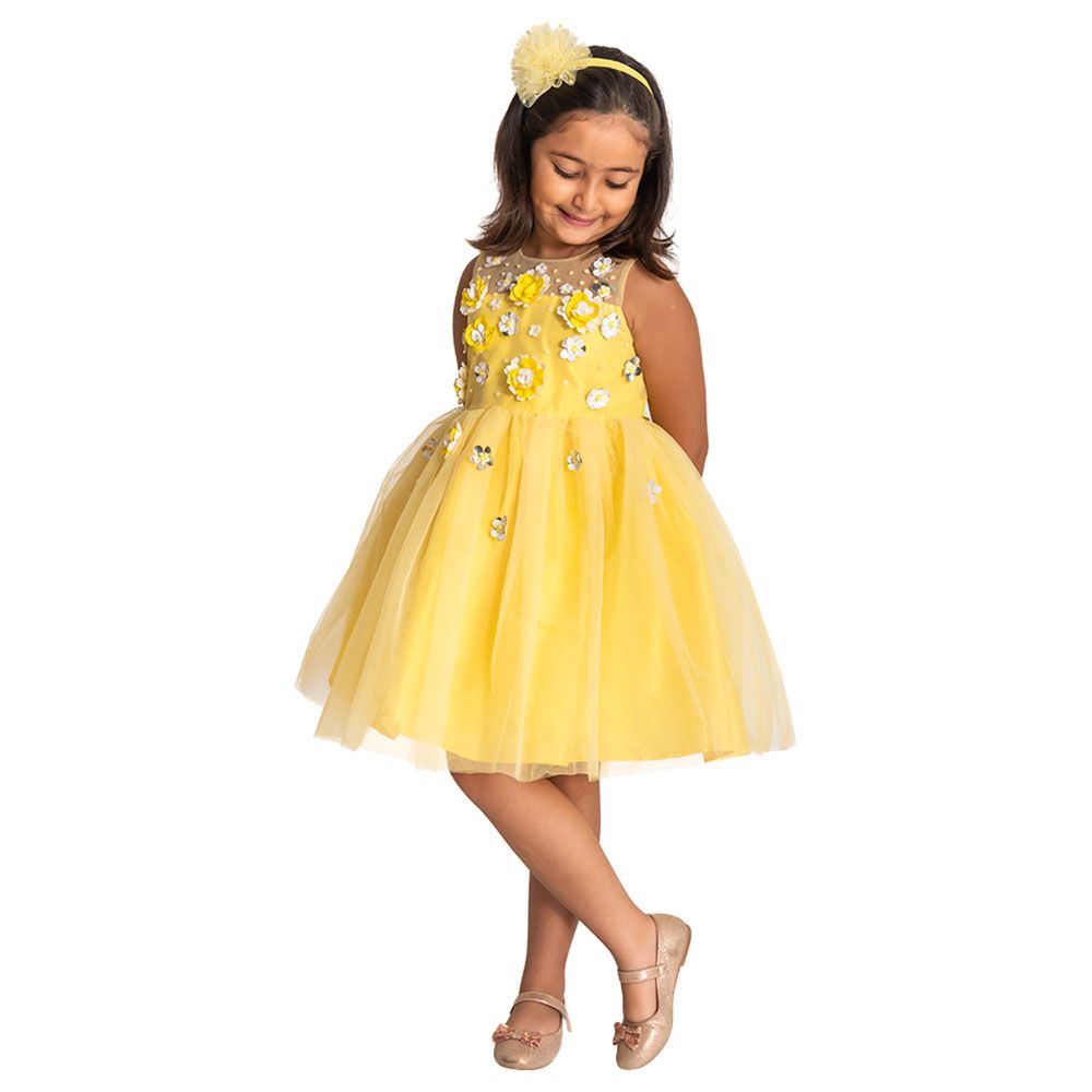 A Little Fable - Marigold 3D Flower Dress - Yellow