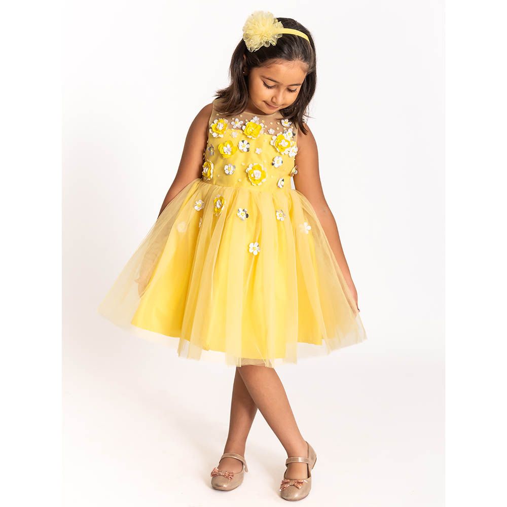 A Little Fable - Marigold 3D Flower Dress - Yellow