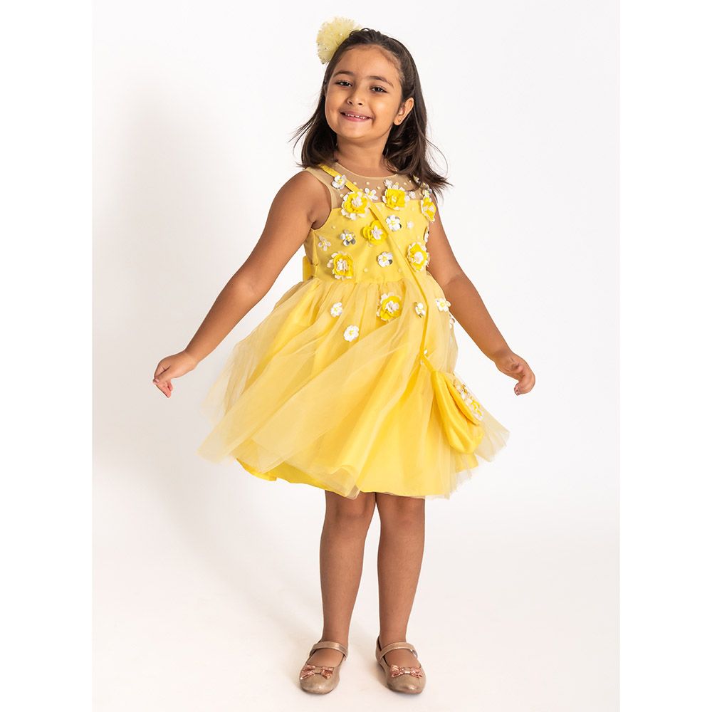 A Little Fable - Marigold 3D Flower Dress - Yellow