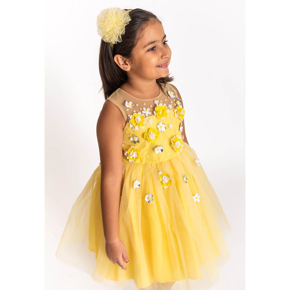 A Little Fable - Marigold 3D Flower Dress - Yellow