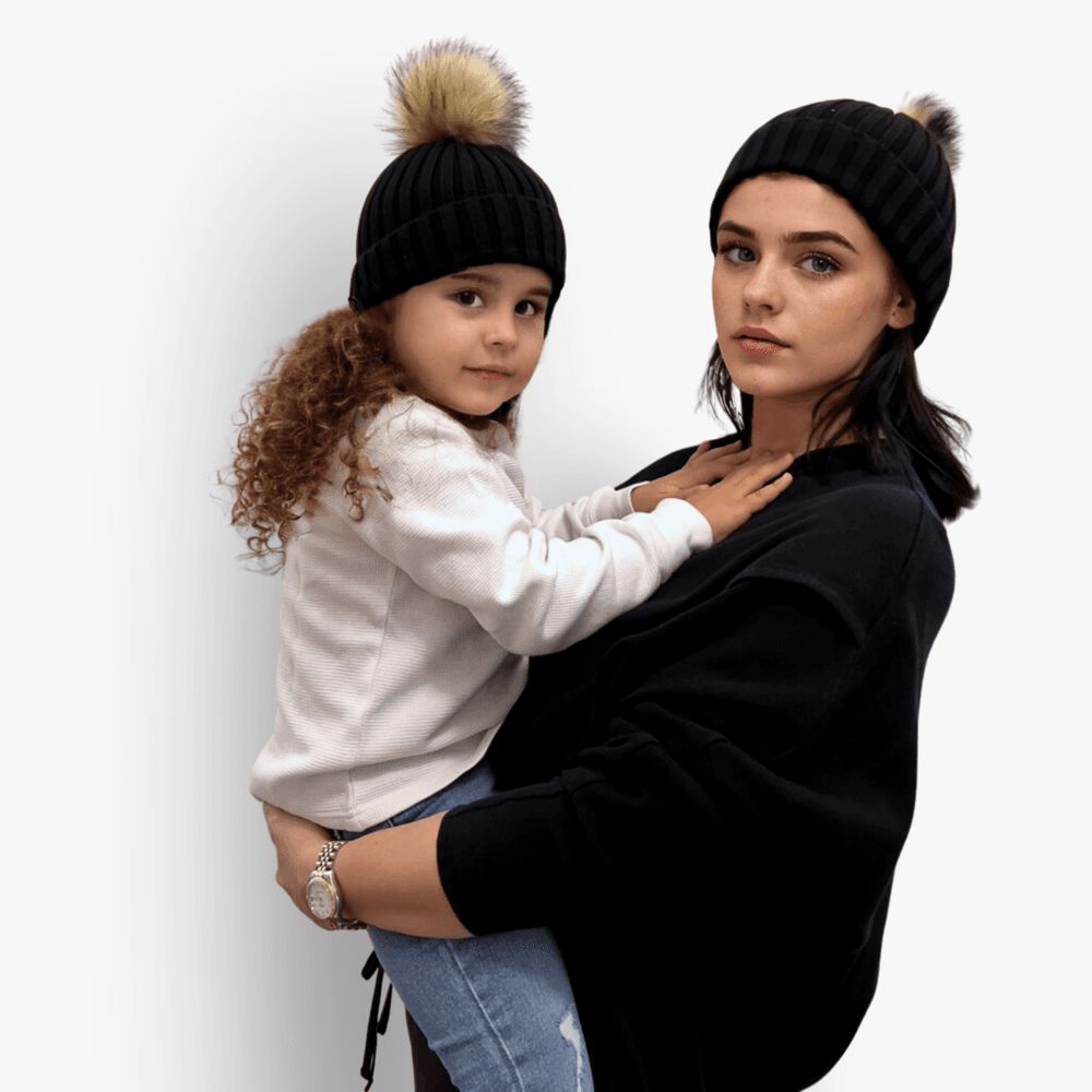 Accouchee - Mom And Me Beanie Set - Black - 2 Pcs