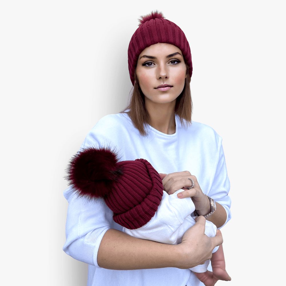 Accouchee - Mom And Me Beanie Set - Burgundy - 2 Pcs