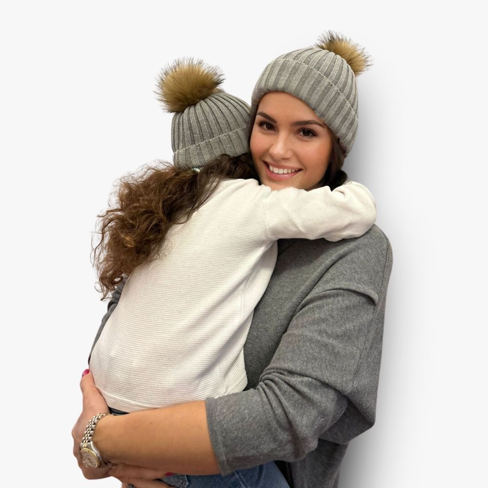 Accouchee - Mom And Me Beanie Set - Grey - 2 Pcs