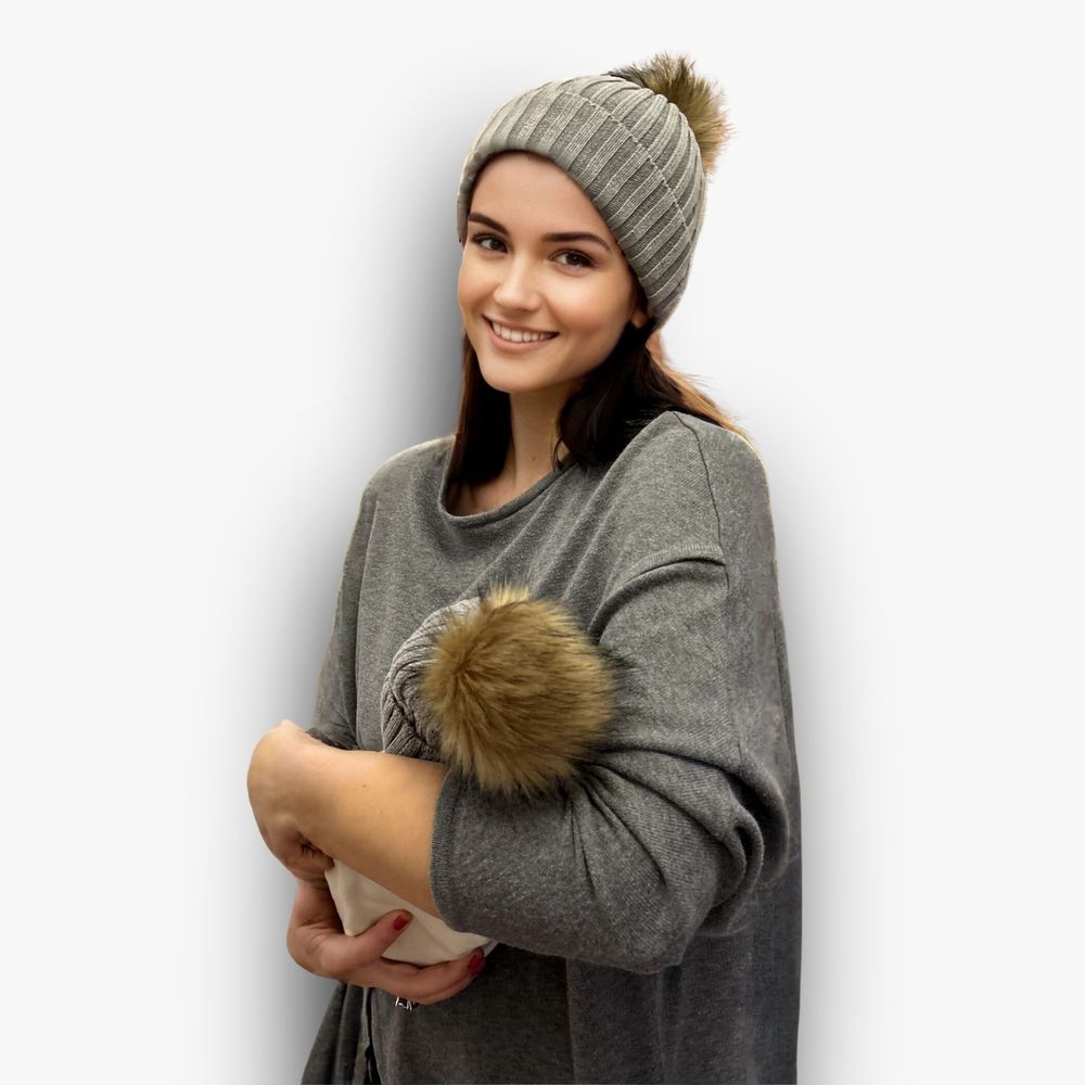 Accouchee - Mom And Me Beanie Set - Grey - 2 Pcs