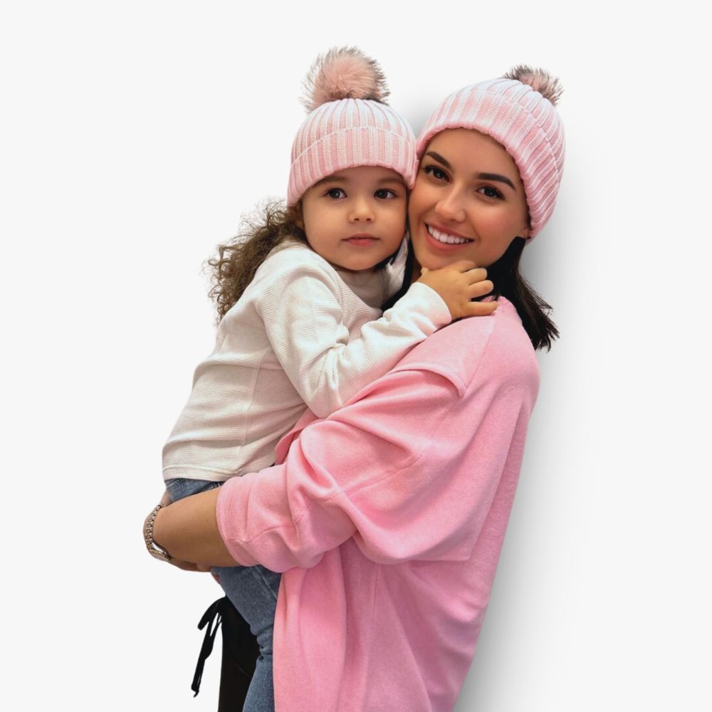 Accouchee - Mom And Me Beanie Set - Light Pink - 2 Pcs