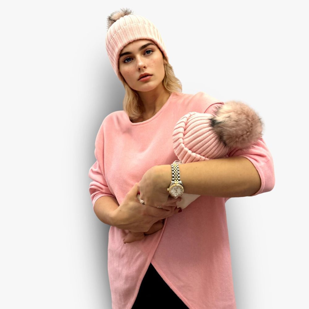 Accouchee - Mom And Me Beanie Set - Light Pink - 2 Pcs