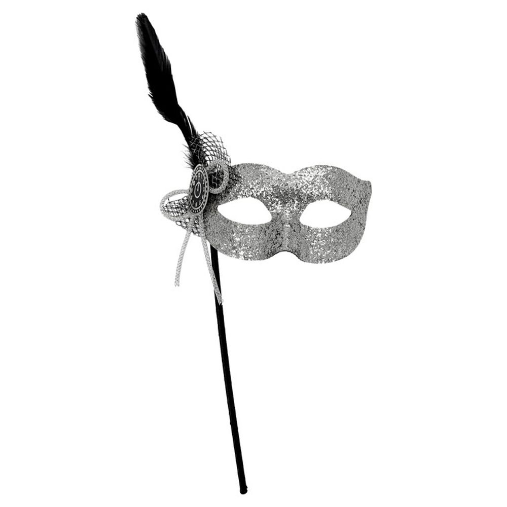 Party Magic - Glittered Eye Mask W/ Feather & Stick -Silver