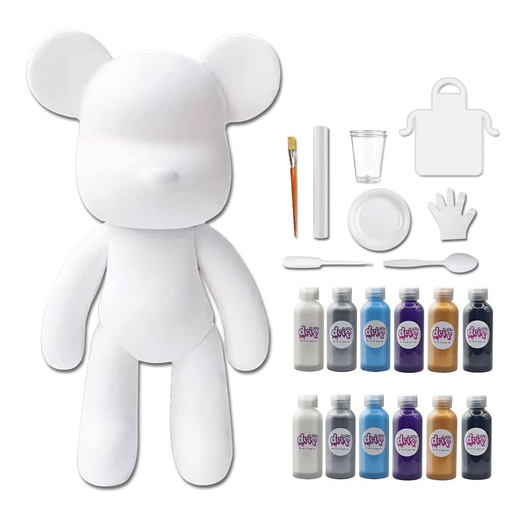 Dubai Drip Art - Mega Pouring Paint Bear Figure XXL - 53cm - White, Silver, Light-Blue, Dark-Purple, Gold, Black