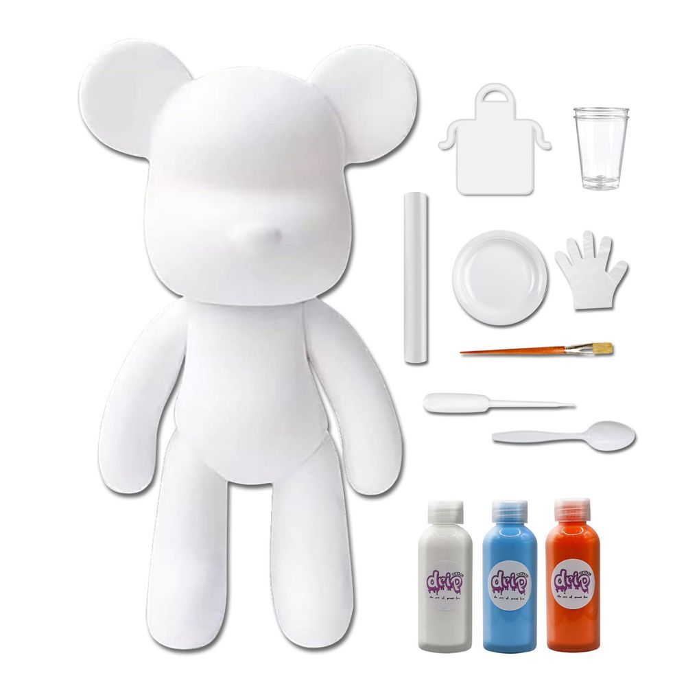 Dubai Drip Art - DIY Fluid Paint Bear Complete Kit - 23 cm - White, Light-Blue, Orange