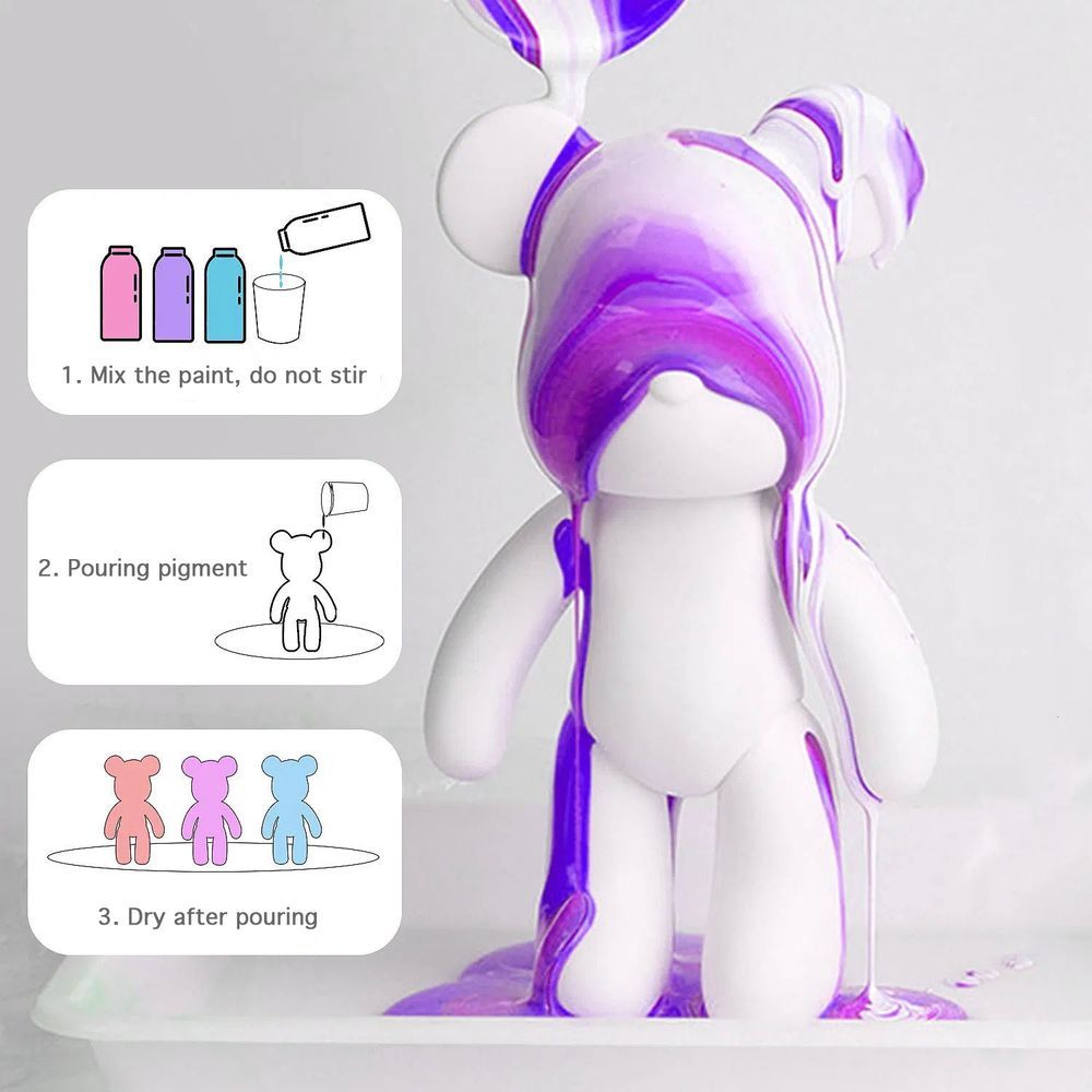 Dubai Drip Art - DIY Fluid Paint Bear Complete Kit - 23 cm - White, Dark-Purple, Light-Purple