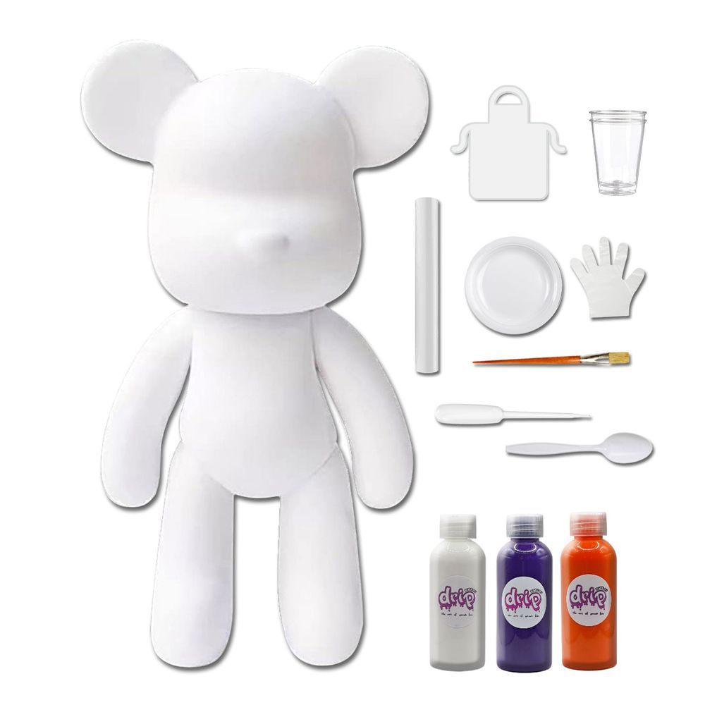 Dubai Drip Art - DIY Fluid Paint Bear Complete Kit - 23 cm - White, Dark-Purple, Orange