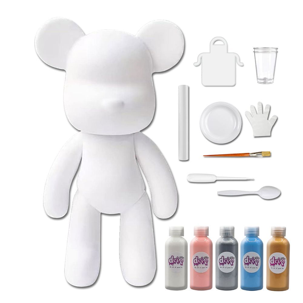 Dubai Drip Art - DIY Acrylic Pouring Paint Money Saving Bear Set - 33cm - White/Light-Pink/Silver/Light-Blue/Gold