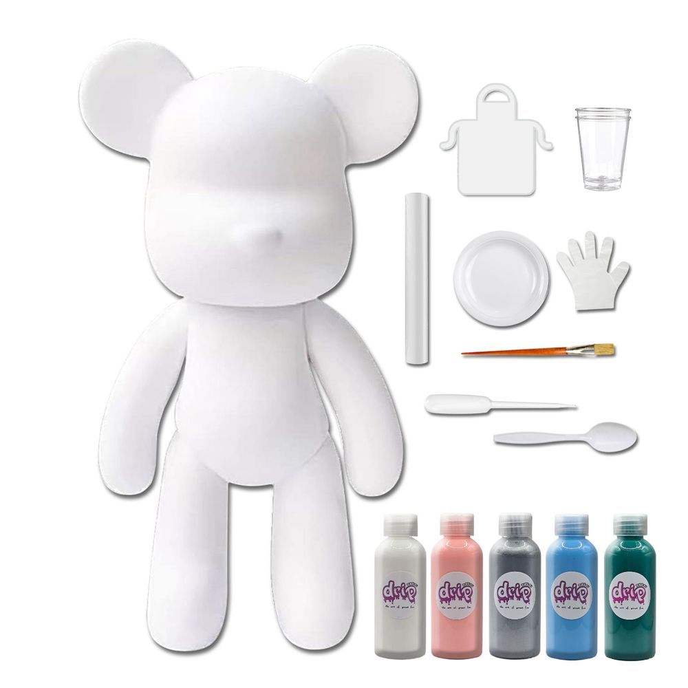 Dubai Drip Art - DIY Acrylic Pouring Paint Money Saving Bear Set - 33cm - White/Light-Pink/Silver/Light-Blue/Blue-Green