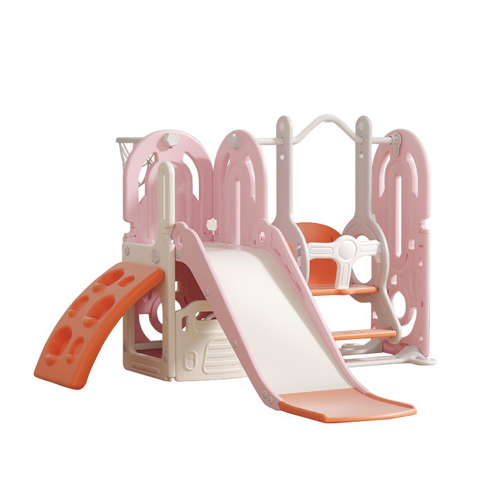 Lovely Baby - Slide And Swing Set With Climbing Wall And Basketball Hoop - Pink