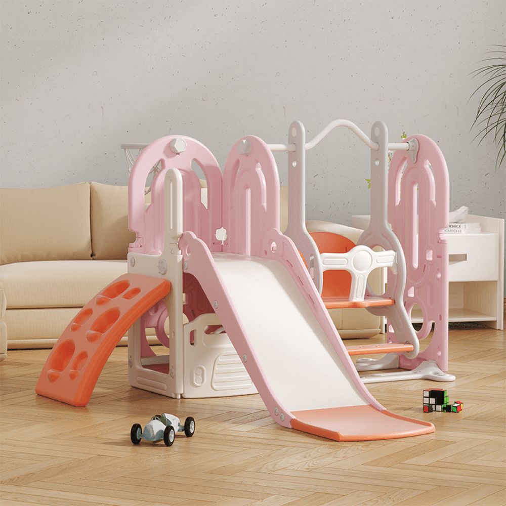 Lovely Baby - Slide And Swing Set With Climbing Wall And Basketball Hoop - Pink