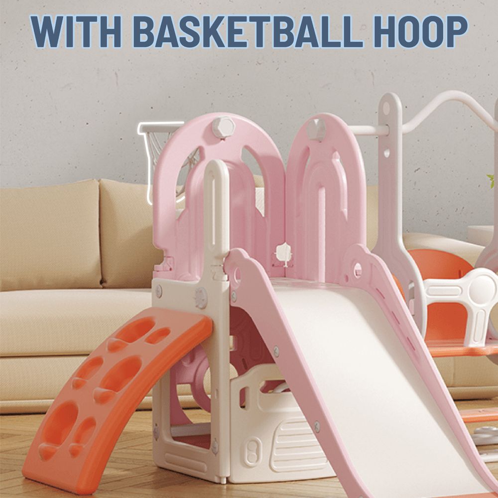 Lovely Baby - Slide And Swing Set With Climbing Wall And Basketball Hoop - Pink