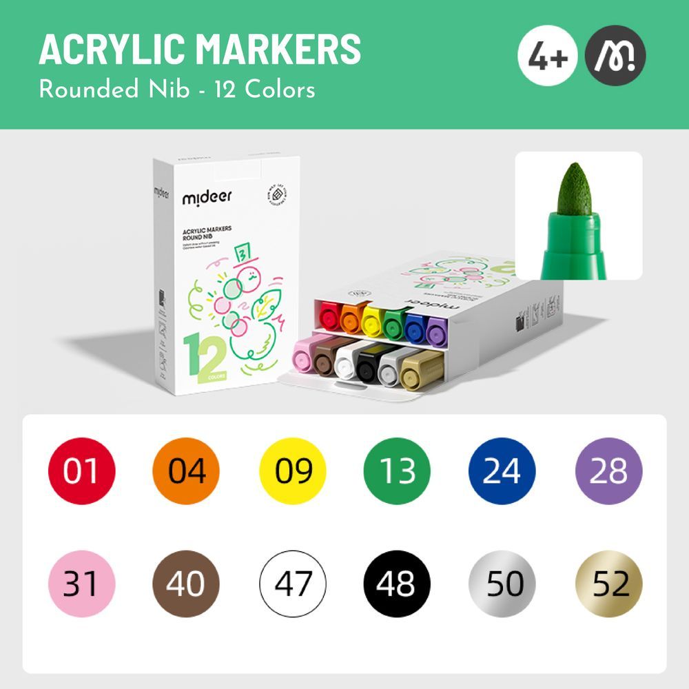 Mideer - Round Nib Acrylic Markers - 12 Colors