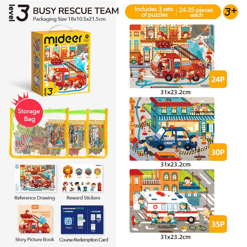 Mideer - 3-in-1 Level Up Puzzle - Rescue Team - Level 3 - 89pcs