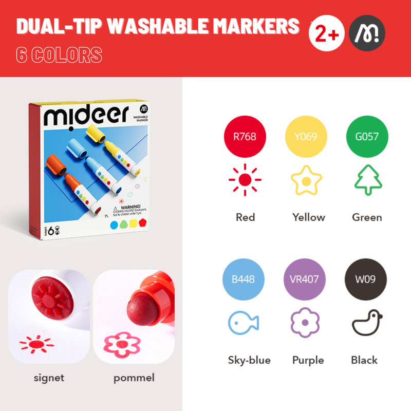 Mideer - Dual Tip Washable Markers - 6 Pcs