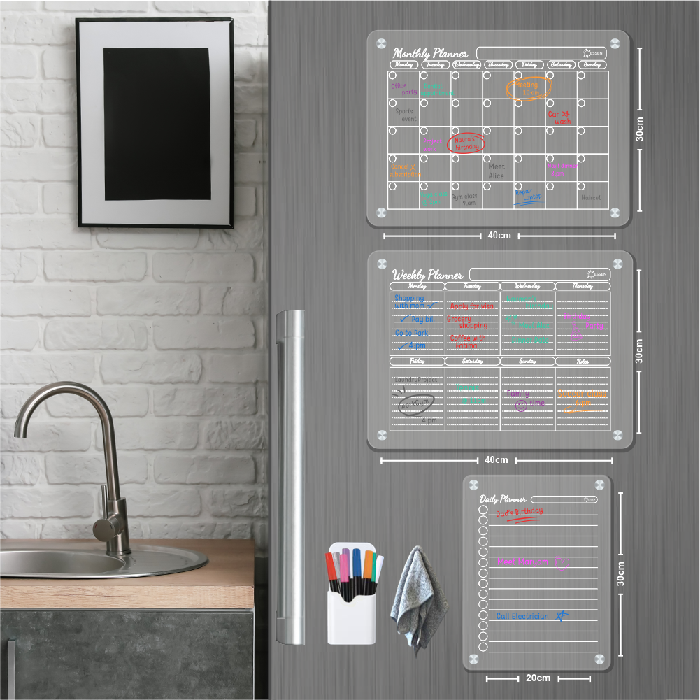 ESSEN - Acrylic Magnetic Calendar Planner for Fridge - Set of  3