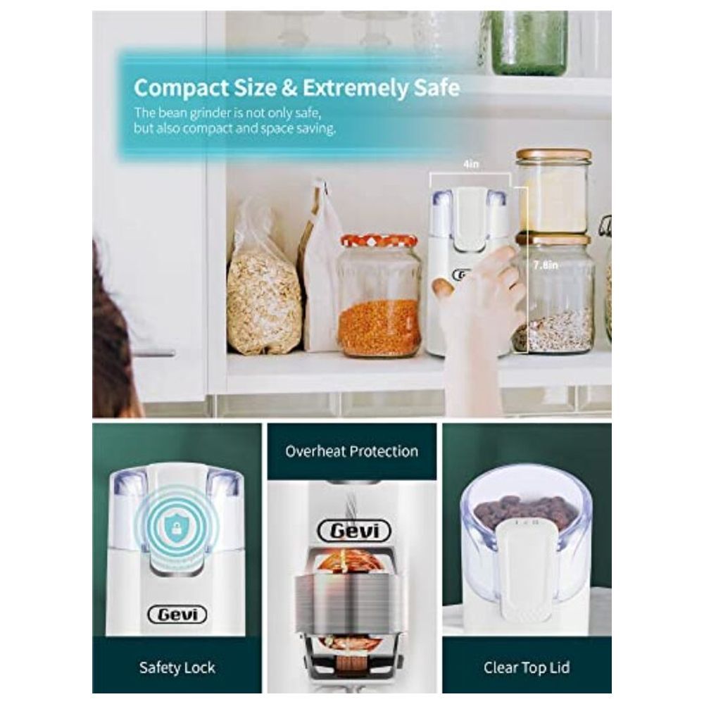 Gevi - Electric Coffee Grinder w/ Brush & Spoon - White - 150 W