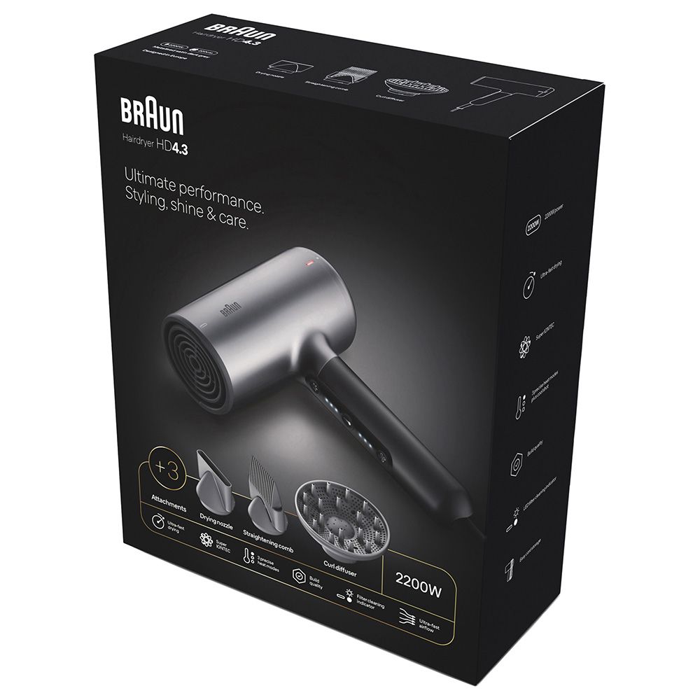 Braun - Hair Dryer With 3 Attachments HD4.3 - Electro Grey